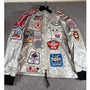 VTG NASCAR Patchwork Racing Jacket Mens L Silver Satin Goodyear Indy Motorsports